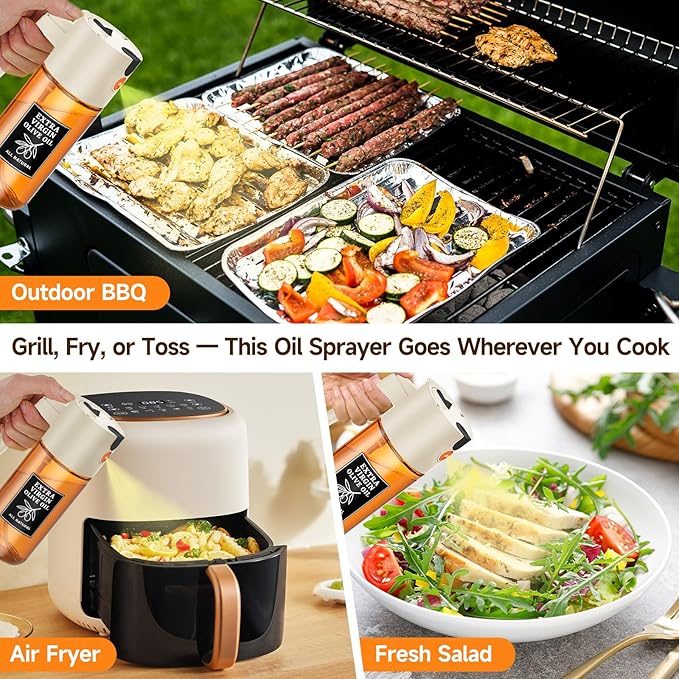 500ml Beige Glass Oil Sprayer, Fine Mist Spray Bottle for Baking, Salad, Air Fryer, Light Cooking, Refillable 2-in-1 Oil Dispenser