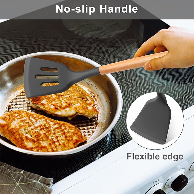 E-far Silicone Spatula Turner, 2 Pack Heat Resistant Kitchen Spatulas for Nonstick Cookware, Rubber Solid Slotted Spatula Cooking Utensils for Fish, Eggs, Pancakes (Gray)