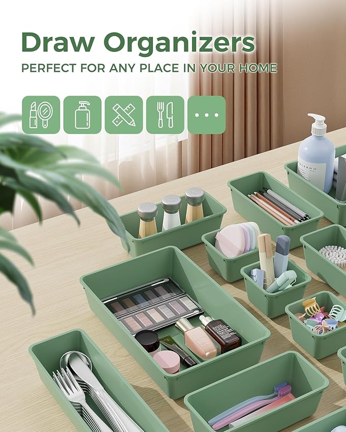 25 PCS Plastic Drawer Organizers Set, 4-Sizes Vanity and Makeup Organizer, Green