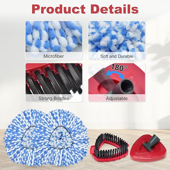 Spin Mop Replace Head, Base, Scrubber, Mop Handle for OCedar RinseClean 2-Tank System, Include 2 Microfiber Mop Refills, 1 Mop Handle, 1 Base and 1 Scrub Brush for Dry Wet Use Floor Deep Cleaning