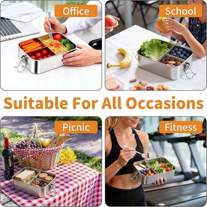 TeamFar 2 Pack Stainless Steel Bento Box, 81oz Metal Lunch Box with 3 Compartments for Adults/Kids, Lunch Food Containers for School/Work/Meal Prep, Leak-Proof & Dishwasher Safe, 2400ML