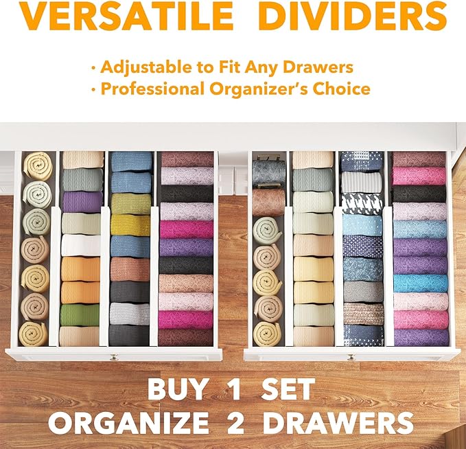 SpaceAid Bamboo Dresser Drawer Dividers 6 Pack, (Need 4.65" Deep Drawer) Adjustable 12.5“-17” Organizers, Expandable Organization for Clothing