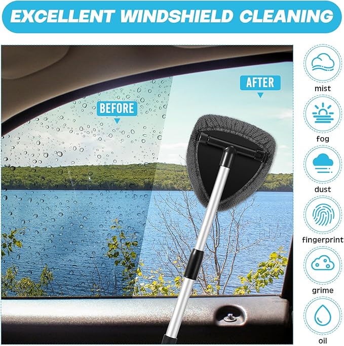 Baderke 10 Pcs Windshield Cleaner Tool Car Window Cleaning Supplies with Extendable Handle Include 6 Washable Microfiber Bonnets 2 Empty 60ml Spray