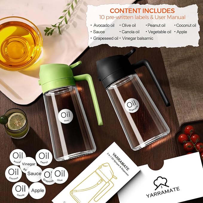 YARRAMATE Olive Oil Dispenser, 2 in 1 Oil Sprayer for Cooking, 16oz/470ml Glass Oil Spray Bottle with Pourer