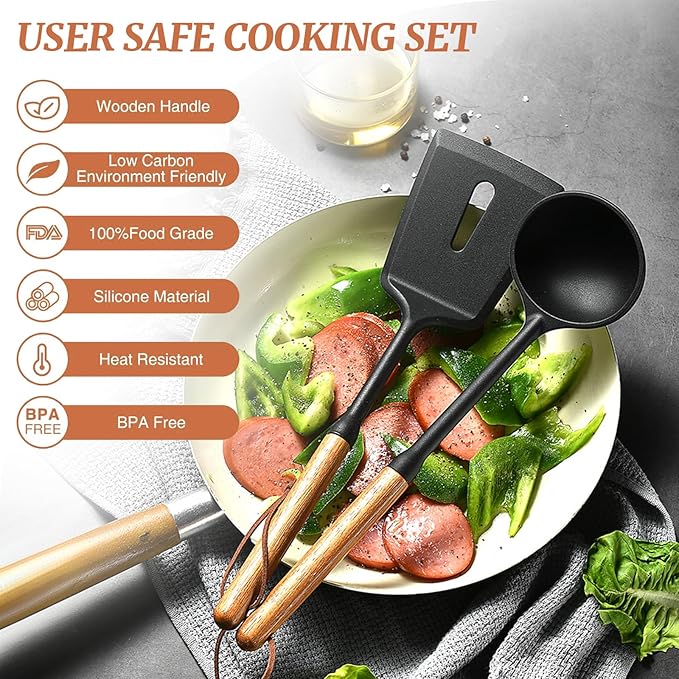 Silicone Cooking Utensils Set, 7PCS Silicone Kitchen Utensils with Wooden Handles, Heat Resistant Spatula Spoon Turner with Hanging Rope,Gadgets Utensil Set for Non-Stick Cookware BPA Free (Black)