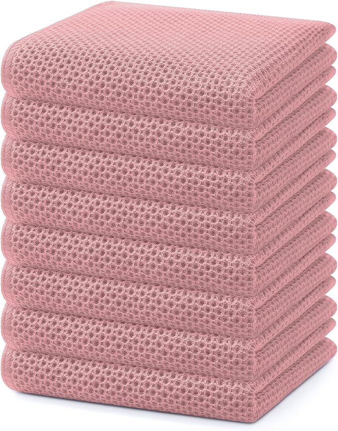 Homaxy 100% Cotton Waffle Weave Kitchen Dish Towels, Ultra Soft Absorbent Quick Drying Cleaning Towel, 13 x 28 Inches, 8-Pack, Dried Rose