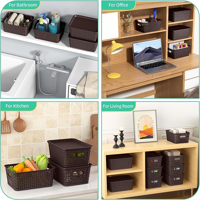 8-Pack Brown Plastic Storage Baskets with Lids, Label Organizers