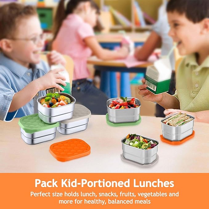 Homikit 3 Pack Snack Containers for Kids, 18/10 Stainless Steel Toddler Lunch Box with Silicone Lids