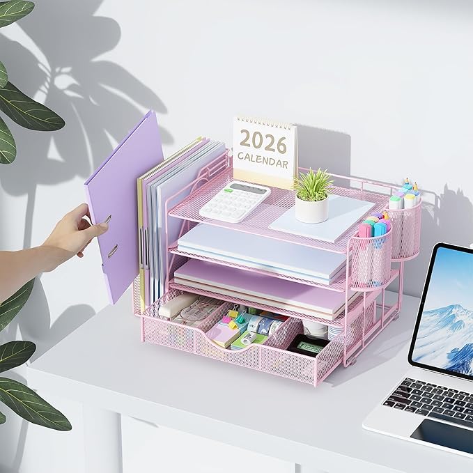 gianotter Desk Organizers and Accessories with File Holder, 4-Tier Desk Accessories & Workspace Organizers with Drawer and 2 Pen Holder