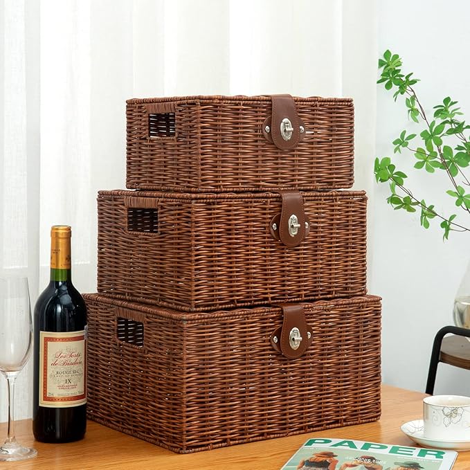 Set of 3 Woven Wicker Storage Basket Box with Lids & Lock, Natural