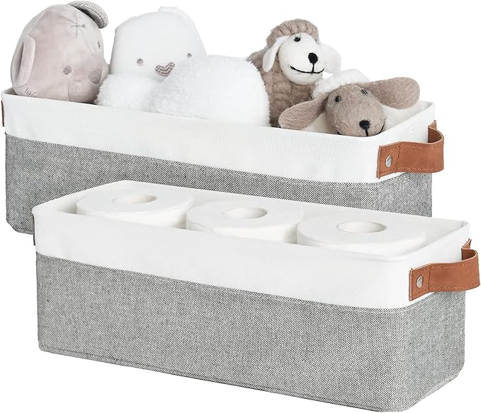 StorageWorks Narrow Storage Bins, Small Basket for Closet and Shelves, Fabric Organizer with Handles, Toilet Paper Storage, Grey and White, 2-Pack