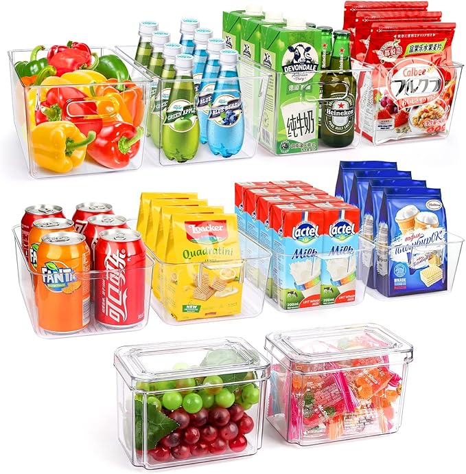 Set Of 10 Refrigerator Pantry Organizer Bins, Clear Plastic Food Storage Bins for Kitchen, Countertops, Cabinets, Fridge, Freezer, Bedrooms, Bathrooms, Fridge Organizer Bins Pantry Storage Containers