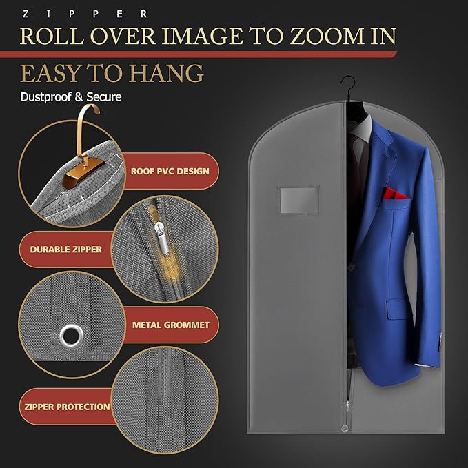 5 Pack 40-inch Suit Bag Garment Bag for Travel and Storage, Gray