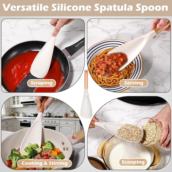 Cooking Spoon Set for Non-Stick Cookware - Wooden Handle & Multifunction Cooking Spoon Spatula, Heat-Resistant Kitchen Utensils for Stirring, Mixing, Serving (1, WHITE)