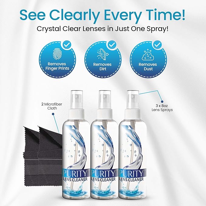 Purity Eyeglass Lens Cleaner Spray Kit - 3 x 8oz Lens Cleaner Spray Bottle + 2 Microfiber Cloth for Cleaning - Safe for All Lenses