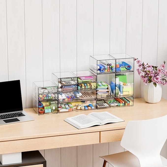 8 Pack Small Stackable Storage Bins, Clear Acrylic Drawer Boxes