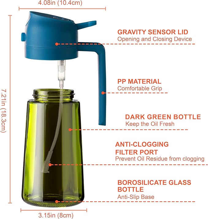 CXINYI - 16oz/470ml Olive Oil Dispenser for Kitchen with Stickers - 2 in 1 Olive Oil Sprayer for Cooking, Air Fryer, and Salad, Black&Blue (Light-Proof Kitchen Gadget)