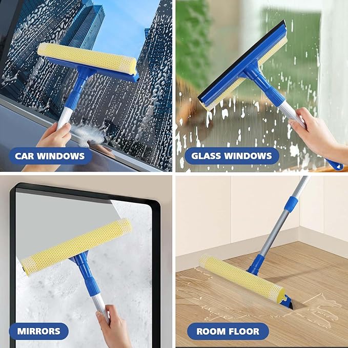 Professional Window Squeegee,2 in 1 Squeegee Window Cleaner with Long Stainless Steel Handle,Sponge Car Window Squeegee for Gas Station, Glass,Shower