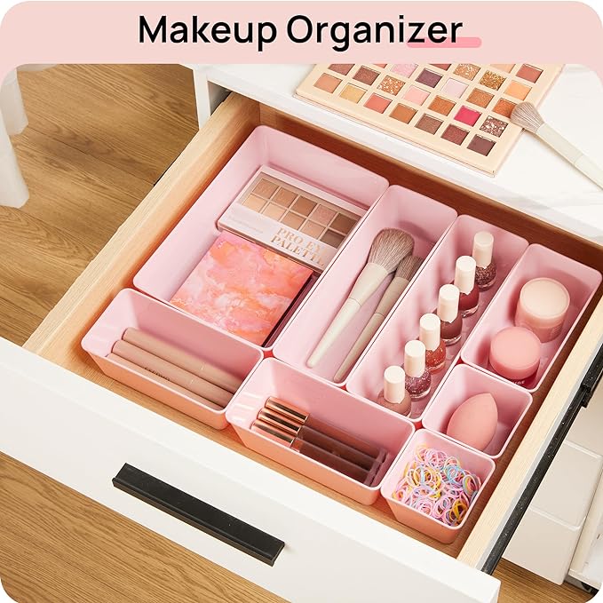 Vtopmart 44 PCS Plastic Drawer Organizers Set, 4-Size Versatile Bathroom and Vanity Organizer Trays, Non-Slip Storage Containers for Makeup, Jewelries, Bedroom，Kitchen Utensils and Office, Pink