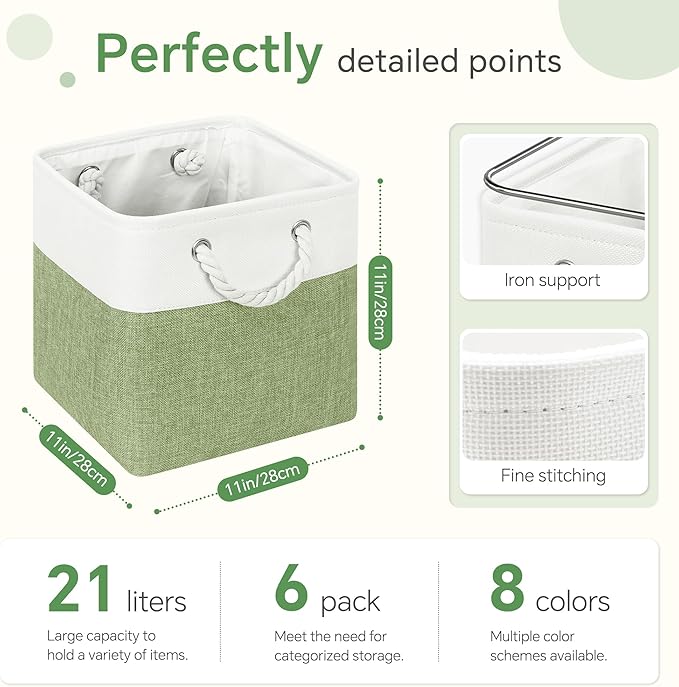 FinishingBo Fabric Cubes Storage Basket, 6 Pack 11x11 in with Handles Cube Storage Bins, for Shelves, Home, Office Organizers (White/ Green)