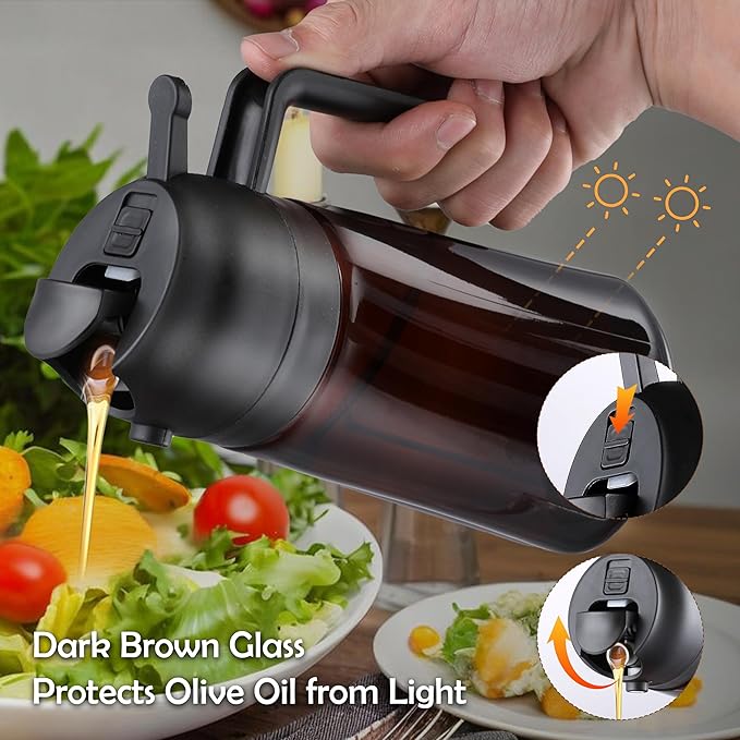 Olive Oil Dispenser, Sprayer for Cooking 2 in 1- Spray and Pour, Premium Dark Black Glass Oil Bottle, 16oz/470ml Light-Blocking Dark Oil Sprayer, for Air Fryer, BBQ, Salad