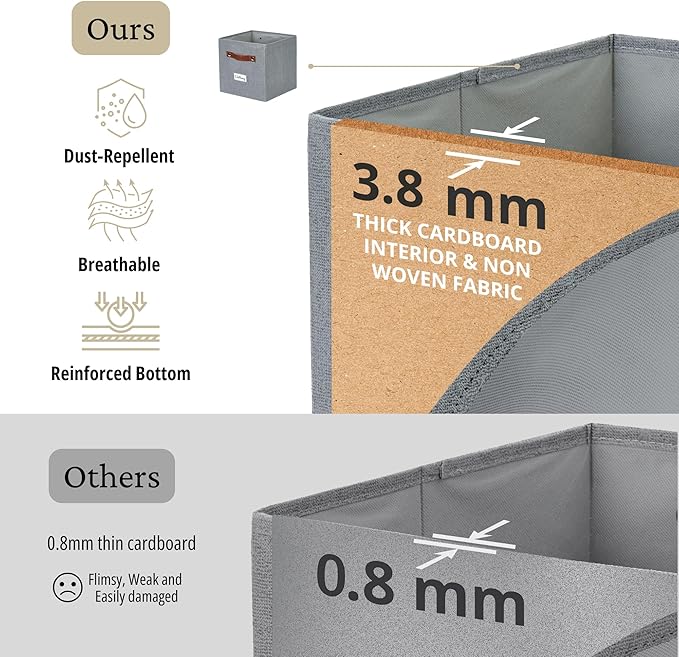 Storage Bins, Cube Storage Bin with Labels, 11" / 6pcs, Texture Grey