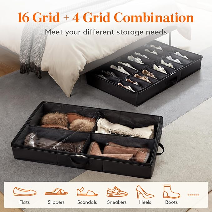 Under Bed Shoe Storage Organizer 1 Pack(16 Shoes Cells+4 Boots Cells)
