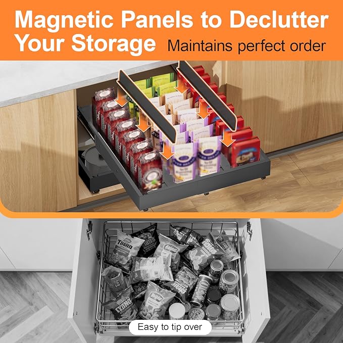 Pull out Cabinet Organizer Expandable W(12"-20") and D(16"-22"), No Drill Adjustable Slide Out Drawers With 3 Slide Rails, 2Pcs Magnetic Panel