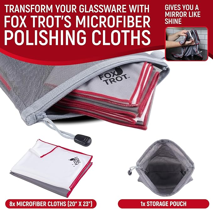 Fox Trot Wine Glass Polishing Cloths (8 Pack) with Storage Pouch | Large Microfiber Glass Drying Towel | Lint Free, Streak Free Shine for Stemware, Crystal & Glassware | 23" L x 20" W