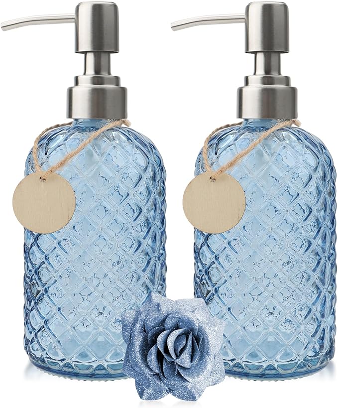 13.5Oz Gem Design Soap Dispenser with Rustproof Stainless Steel Pump for Bathroom and Kitchen, Refillable Liquid Glass Soap Dispenser for Hand Soap, Dish Soap, Lotion (Blue)