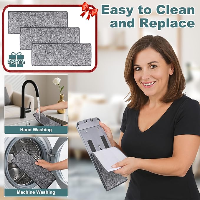 Flat Mop with 3 Pads, Microfiber Mops for Floor Cleaning Adjustable Handle 29-49, Dust Mop for Hardwood Floors, Wet Dry Use on Laminate Wood Tile Vinyl Wall Mopping Bathroom Kitchen Household Supplies