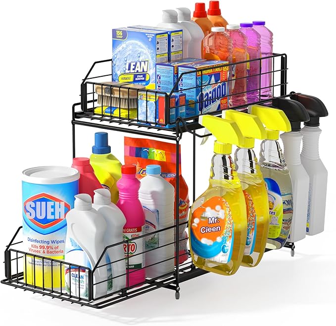 SUEH DESIGN Under Sink Organizer, 2 Tier Bathroom Cabinet Organizer Metal Kitchen Sink Organzier with Hanging Rail for Kitchen Bathroom Organization and Storage, 1 Pack
