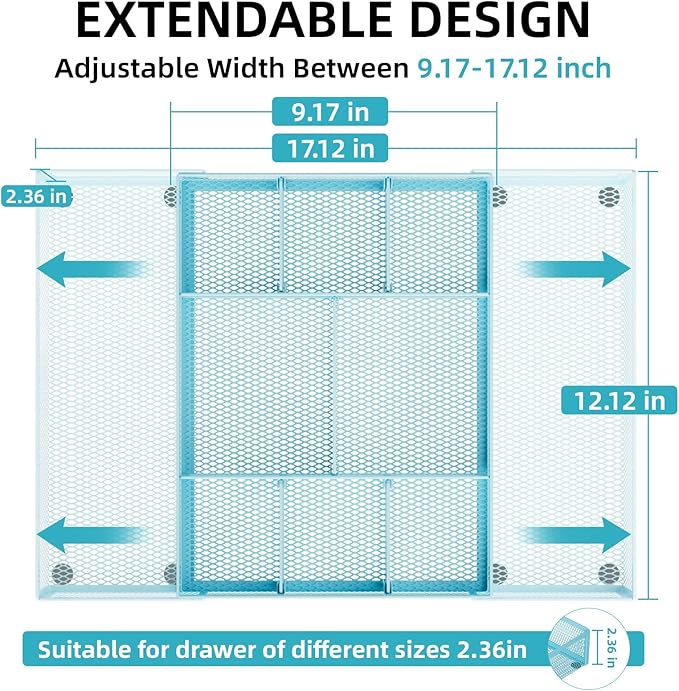 Marbrasse Expandable Desk Drawer Organizer, Mesh Drawer Organizer Tray with 10 Adjustable Compartments, Desk Organizers and Accessories for Office Supplies, Makeup & Vanity (Expandable-Blue)
