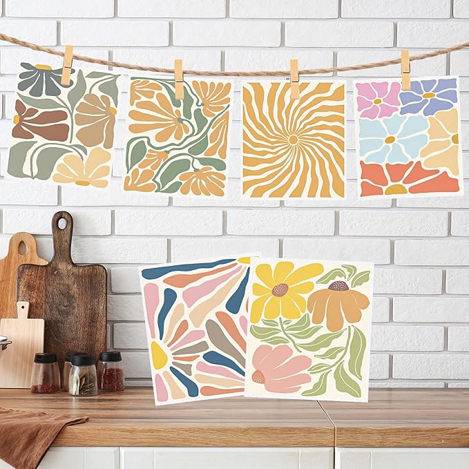 Boho Floral Swedish Dishcloths for Kitchen, 6PCS Retro Groovy Swedish Dish Cloths Gift Set, Reusable Absorbent Cellulose Sponge Dish Towel for Home Cleaning(7.8 X 7 Inches)