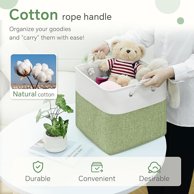 FinishingBo Fabric Cubes Storage Basket, 6 Pack 11x11 in with Handles Cube Storage Bins, for Shelves, Home, Office Organizers (White/ Green)