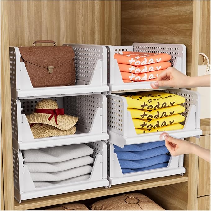 CTSNSLH 5 Pack Closet Organizers Storage Box, Closet Storage Stackable Storage Bins, Plastic Drawer Basket for Wardrobe Cupboard Kitchen Bathroom Office, White