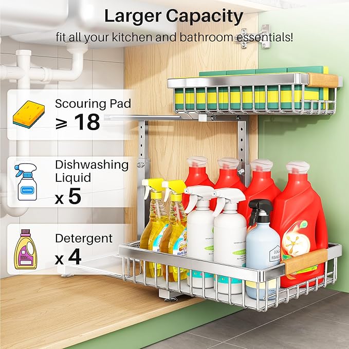 Under Sink Organizer, Stainless Steel 2 Packs 2 Tier Under Sink Organizers and Storage, Slide out Pull out Cabinet Shelf