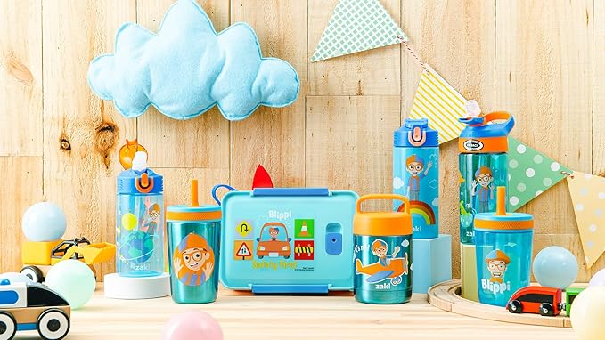 Zak Designs Blippi Reusable Plastic Bento Box with Leak-Proof Seal, Carrying Handle, Microwave Steam Vent, and Individual Containers for Kids' Packed Lunch (3-Piece Set)