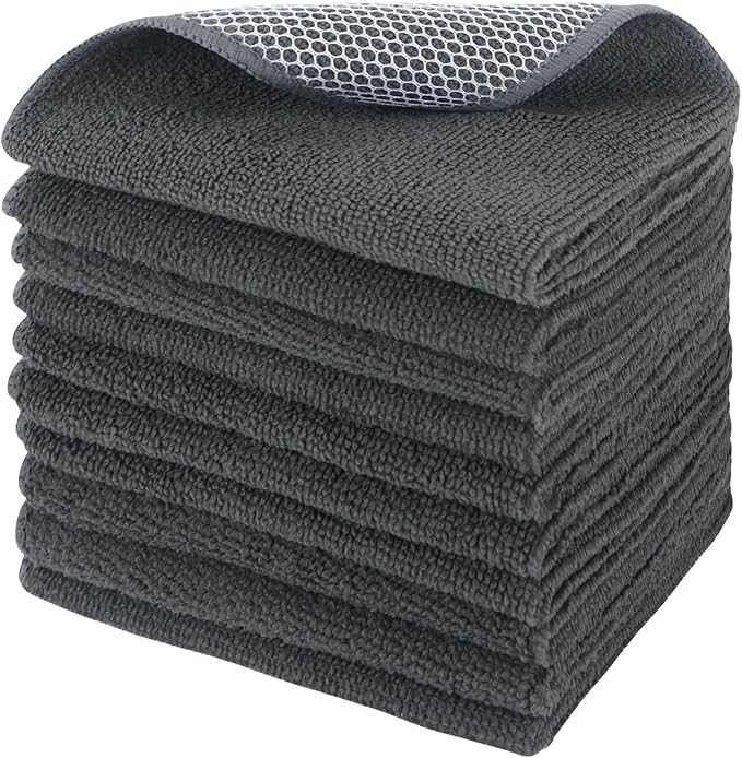 SINLAND Microfiber Dish Cloths Wash Clothes for Kitchen Best Kitchen Cloths Cleaning Cloth Poly Scour Side 12"x12" (10Pack, Dark Grey)