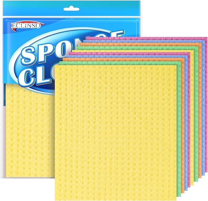 10 Pack Reusable Cellulose Sponge Cloths, Super Absorbent Washable Kitchen Cleaning Cloths, 95% Natural Cellulose + Cotton, Compostable for Dishes Counters Bathroom
