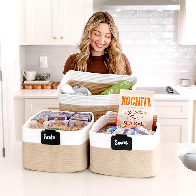 NaturalCozy Storage Baskets 16.8”x13”x7.6” Cotton Rope Woven Baskets for Organizing 3-Pack | Toy Storage Bins | Basket for Shelves, Laundry, Blanket