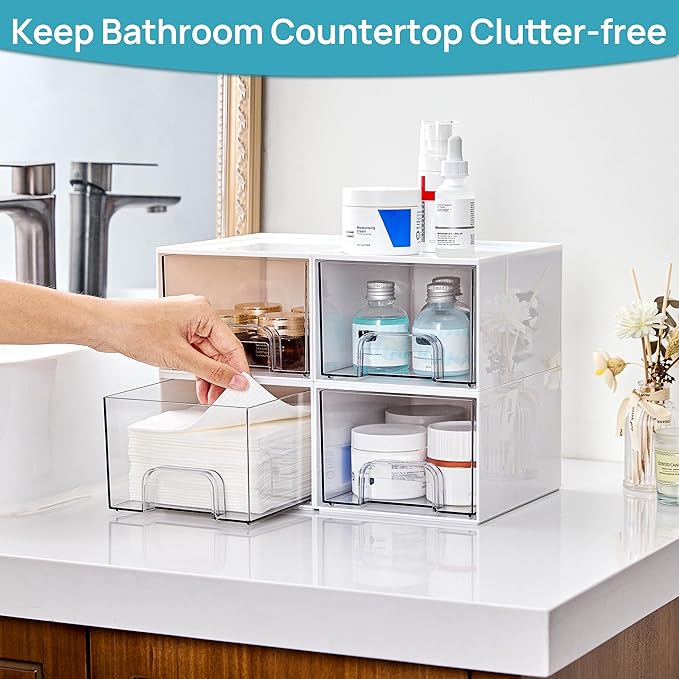 Vtopmart 4Pack Small Stackable Storage Drawers, Bathroom Makeup Organizer,Plastic Storage Bins For Vanity, Undersink, Kitchen Cabinets, Pantry, Home Organization(White)
