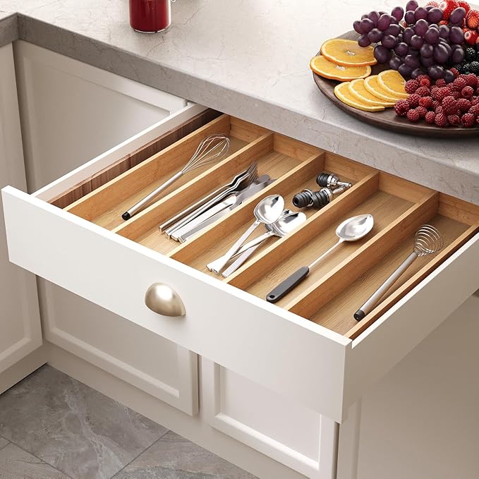 Expandable Kitchen Drawer Organizer, Bamboo Silverware Organizer
