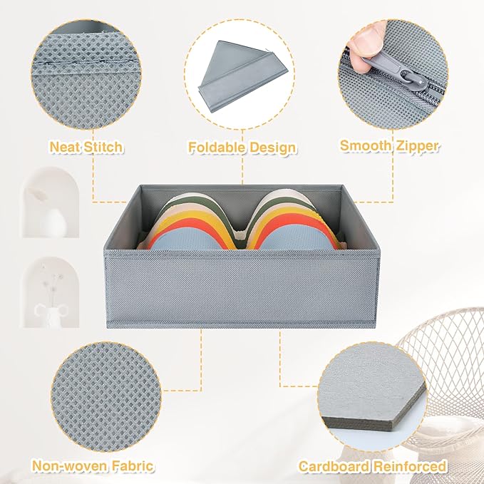 DIMJ Drawer Organizer Clothes, 15 Pack Underwear Organizer, Foldable Closet Bins, Sock Organizer Bra Cube, Fabric Dresser Box for Clothes, Bra, Socks, Tie (Grey)