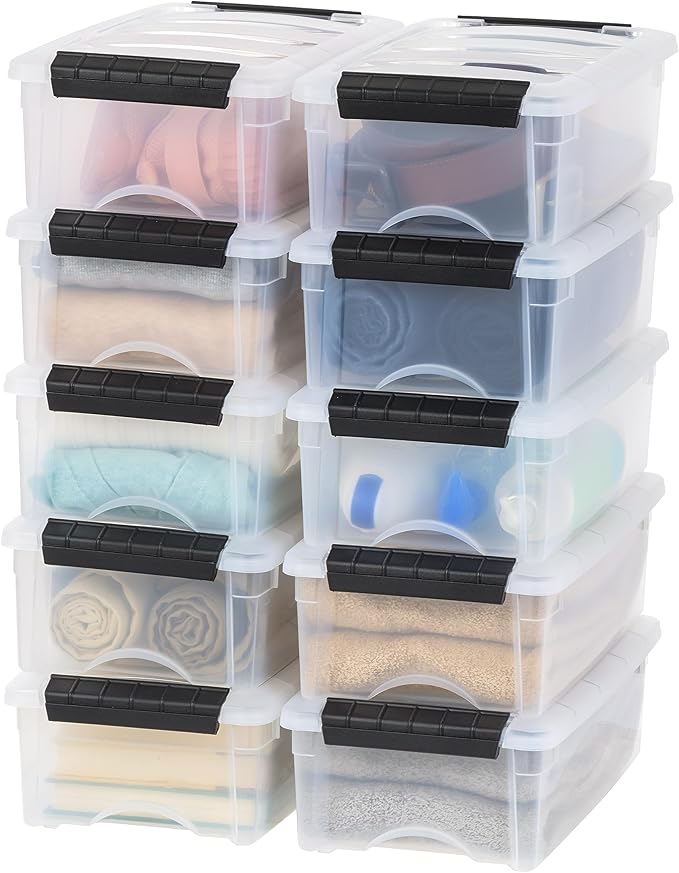 IRIS USA 6 Qt Stackable Plastic Storage Bins with Lids, 10 Pack - BPA-Free, Made in USA - See-Through Organizing Solution, Latches, Durable Nestable Containers, Secure Pull Handle - Clear