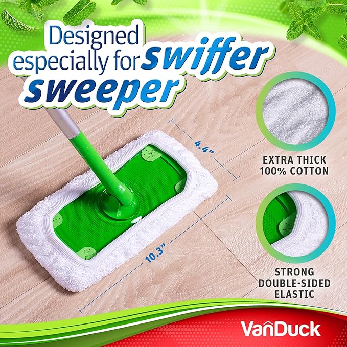 VanDuck Reusable 100% Cotton Mop Pads Compatible with Swiffer Sweeper (8-Pack), Terry Cloth Mop Covers Washable for Wet Mopping and Floor Cleaning (Handle is Not Included)