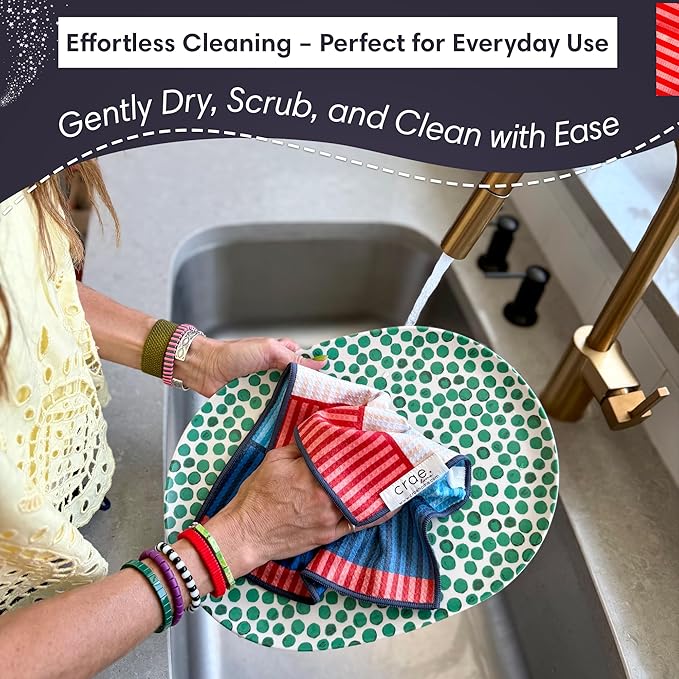 Microfiber Hand Towel & Washcloth Set of 2 - Double-Sided, Waffle Weave, Super Absorbent, Lint-Free, Fast Drying -for Bathroom, Kitchen, Car, and Window Cleaning (Stars & Stripes - Red, Blue, Cream)