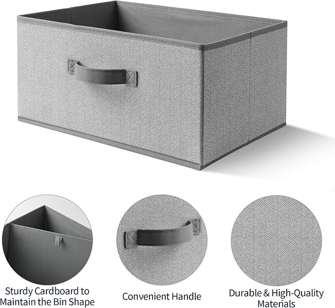 Storage Baskets, 15.7 Inch Woven Fabric Bins, Storage Cubes with Reinforced Handles, Organizer Bins for Closet Shelves, Foldable, for Toys, Clothes (4PCS/Grey-15.7*11*7.8inch)