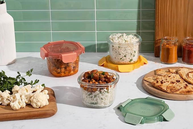 Ello Color Lock 2 Cup 6PC, 3 Pack Glass Meal Prep Sets Leak-Proof Glass Food Storage Containers with Airtight BPA-Free Plastic Lids, Dishwasher