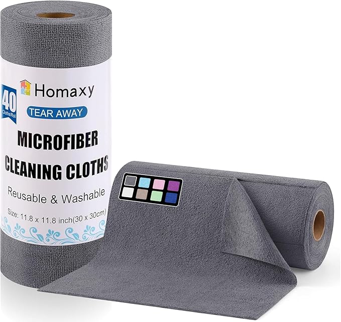 Homaxy Tear Away Dish Cloths Rolls, 40 Sheets-11.8" X 11.8", Reusable Washable Dish Towels for Kitchen, Ultra Absorbent and Quick Drying Microfiber Cleaning Rags, Grey